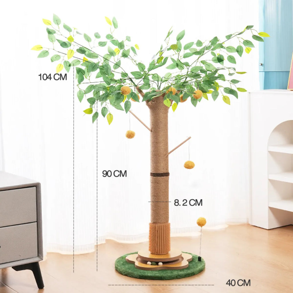 Decorative tree-shaped cat scratching post, orange sisal, with hanging ball toys