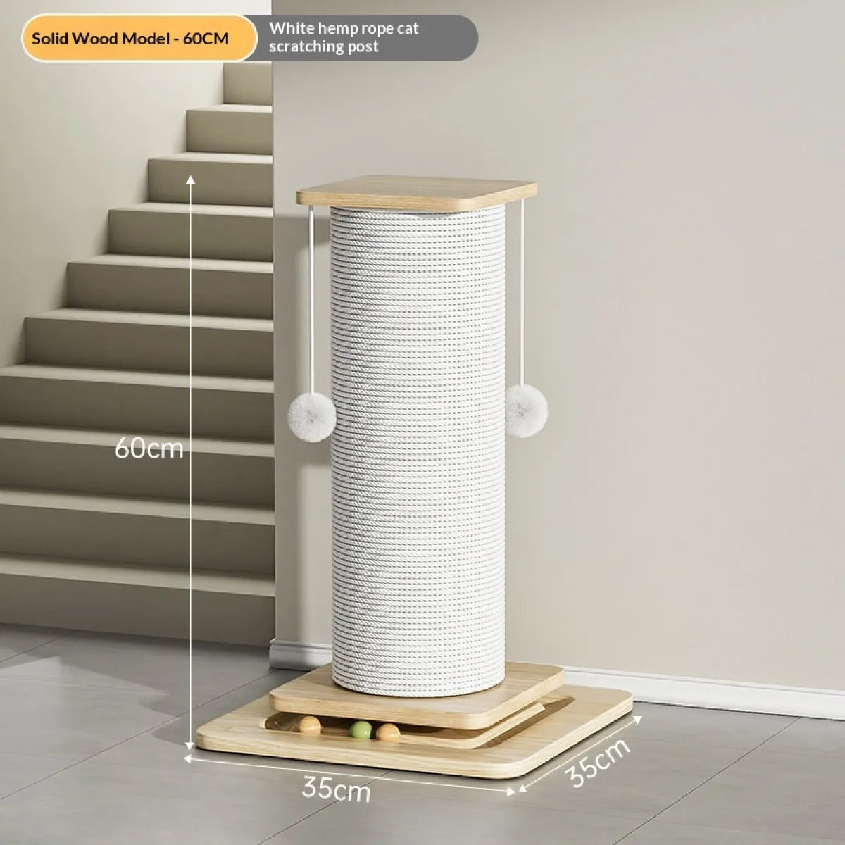 Reversible cat scratching post with hanging teaser balls